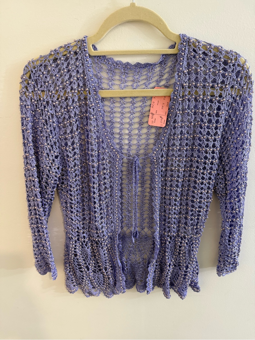Hand Crocheted Lavender Beaded Open Front Cardigan One Size - Nwt